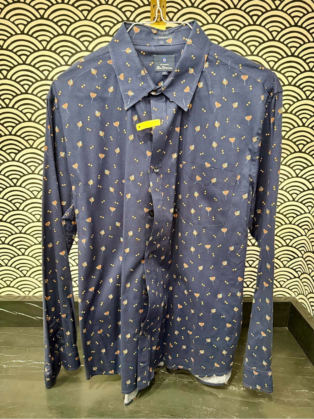 Ben Sherman Navy Button-Down Shirt with Tan Floral Print